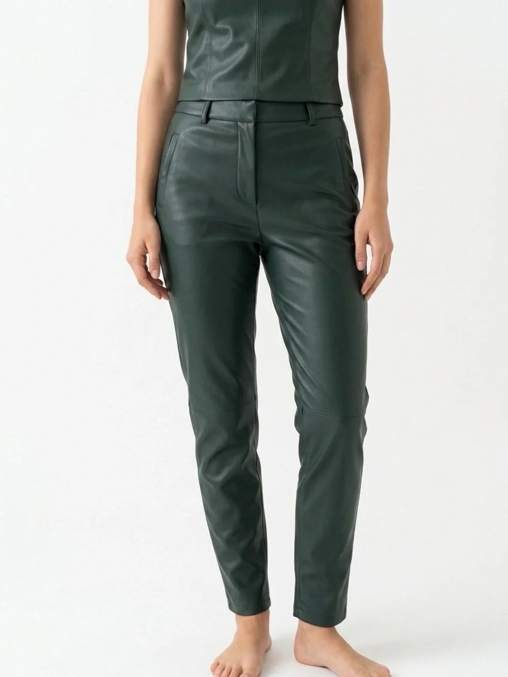 Zara Dark Green Vegan Leather Slim Trousers
